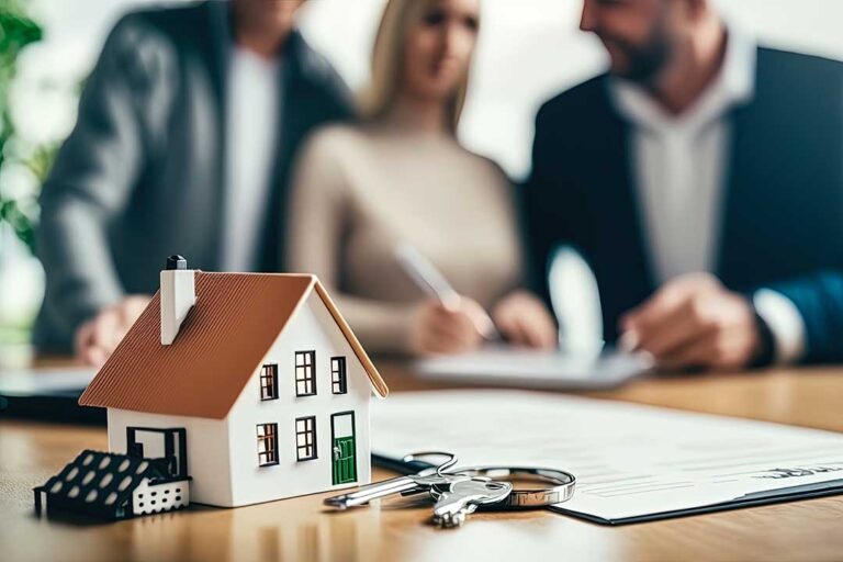 A couple reviews a real estate agreement with an agent at a kitchen table beside property documents.